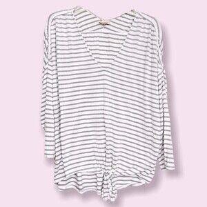 Bordeaux Coastal Striped Long Sleeve Top White Gray 3/4 Sleeves Size Large
